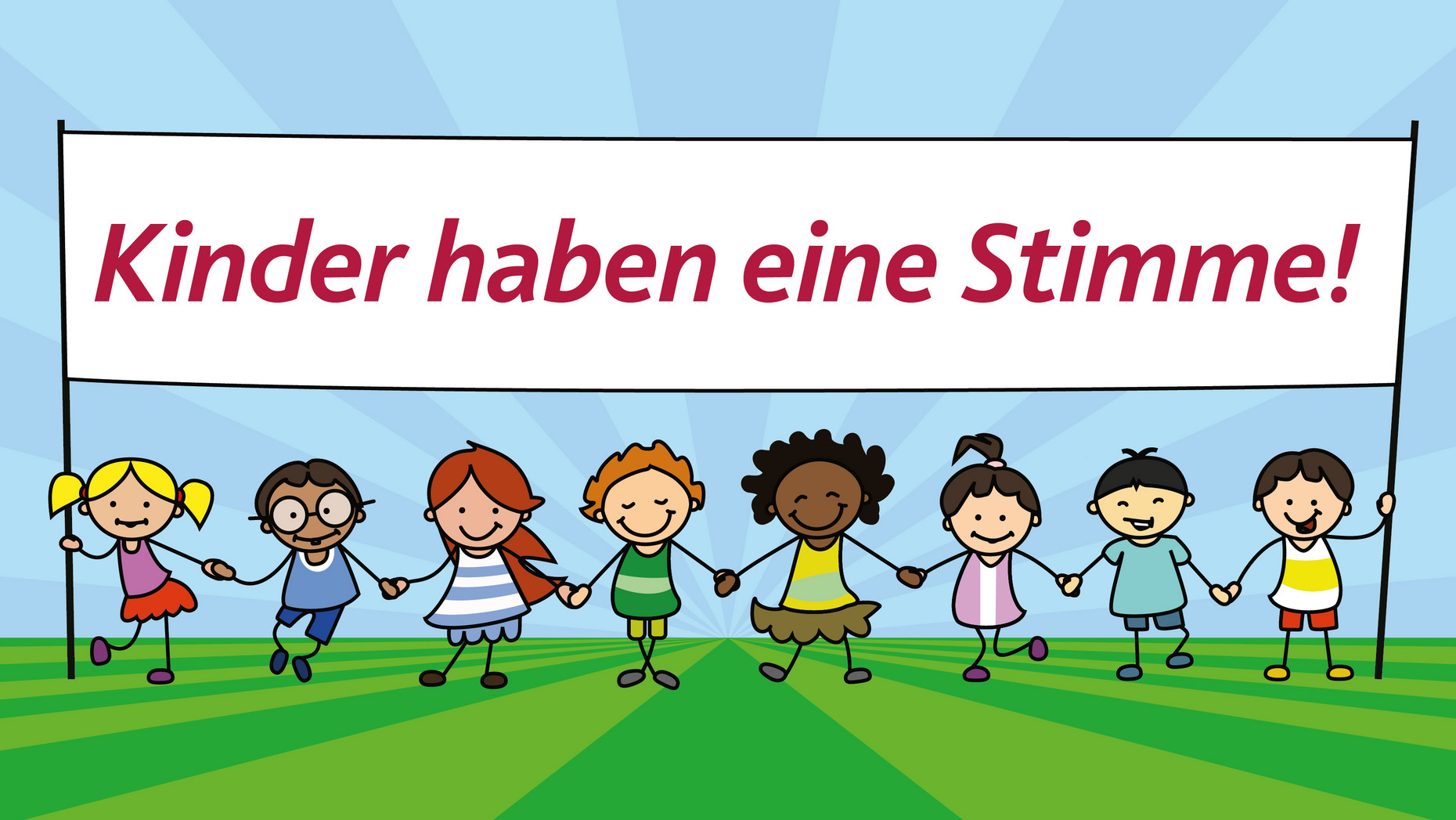 Kinder halten ein Banner mit der Aufschrift "Kinder haben eine Stimme"