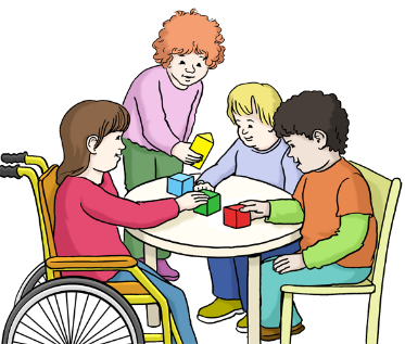 Kinder spielen zusammen am Tisch – eines der Mädchen sitzt im Rollstuhl