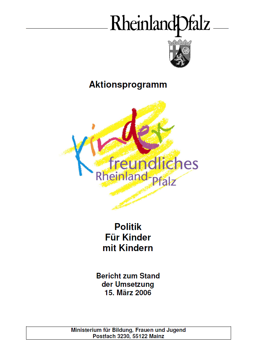 Titelseite der Broschüre „Aktionsprogramm Kinderfreundliches Rheinland-Pfalz – Zwischenbericht“