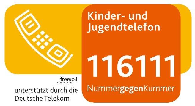Das Logo des kostenfreien Kinder- und Jugendtelefons „Nummer gegen Kummer“. Sie lautet 116111.